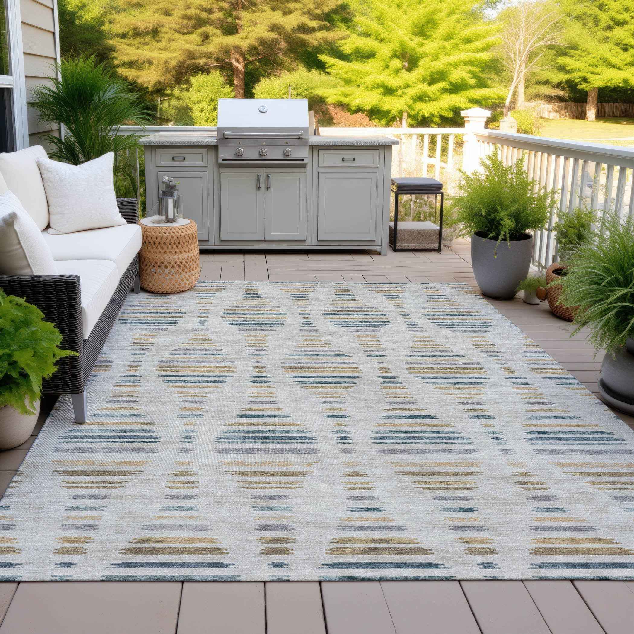 9' X 12' Linen And Navy Blue Striped Washable Indoor Outdoor Area Rug