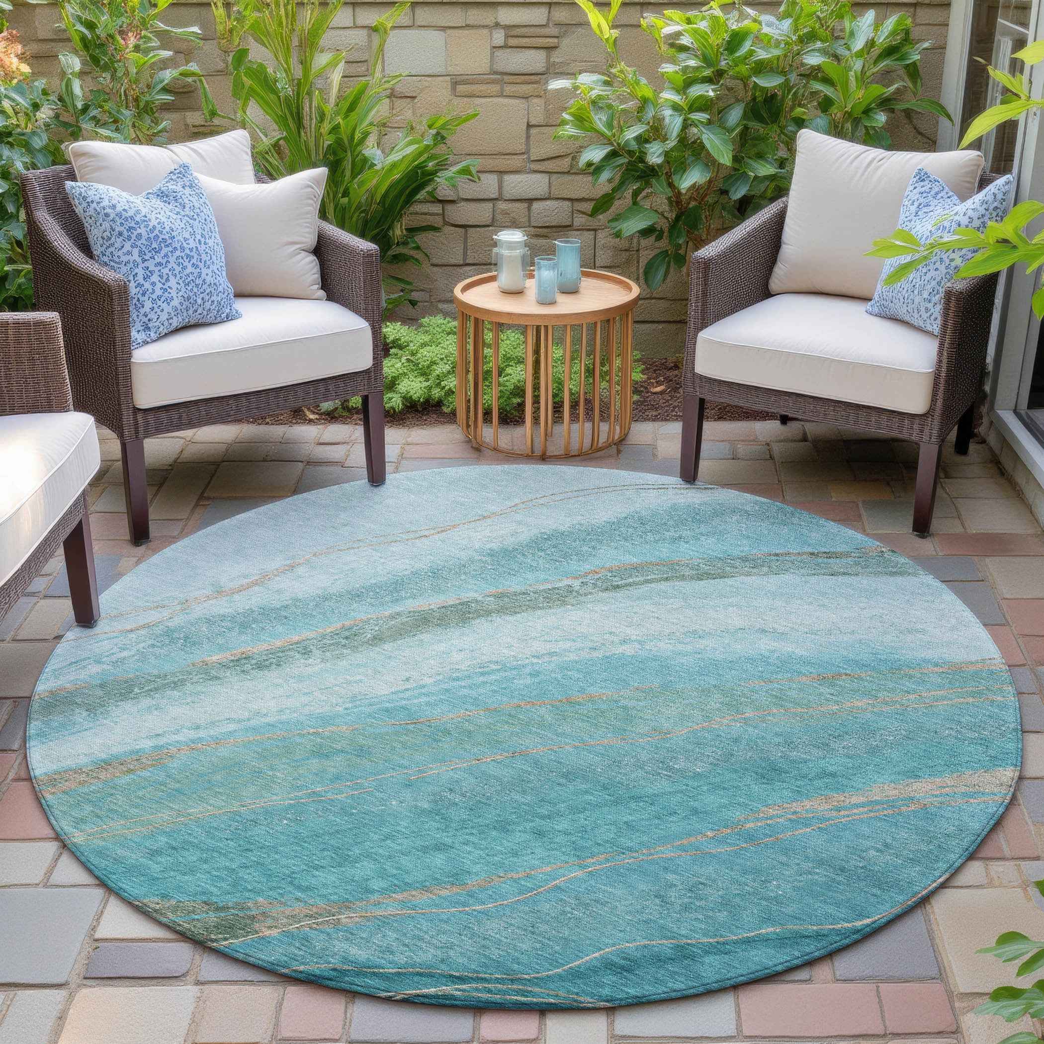8' Turquoise And Taupe Round Abstract Washable Indoor Outdoor Area Rug