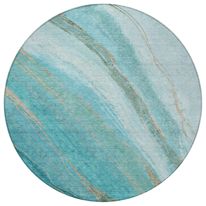 8' Turquoise And Taupe Round Abstract Washable Indoor Outdoor Area Rug