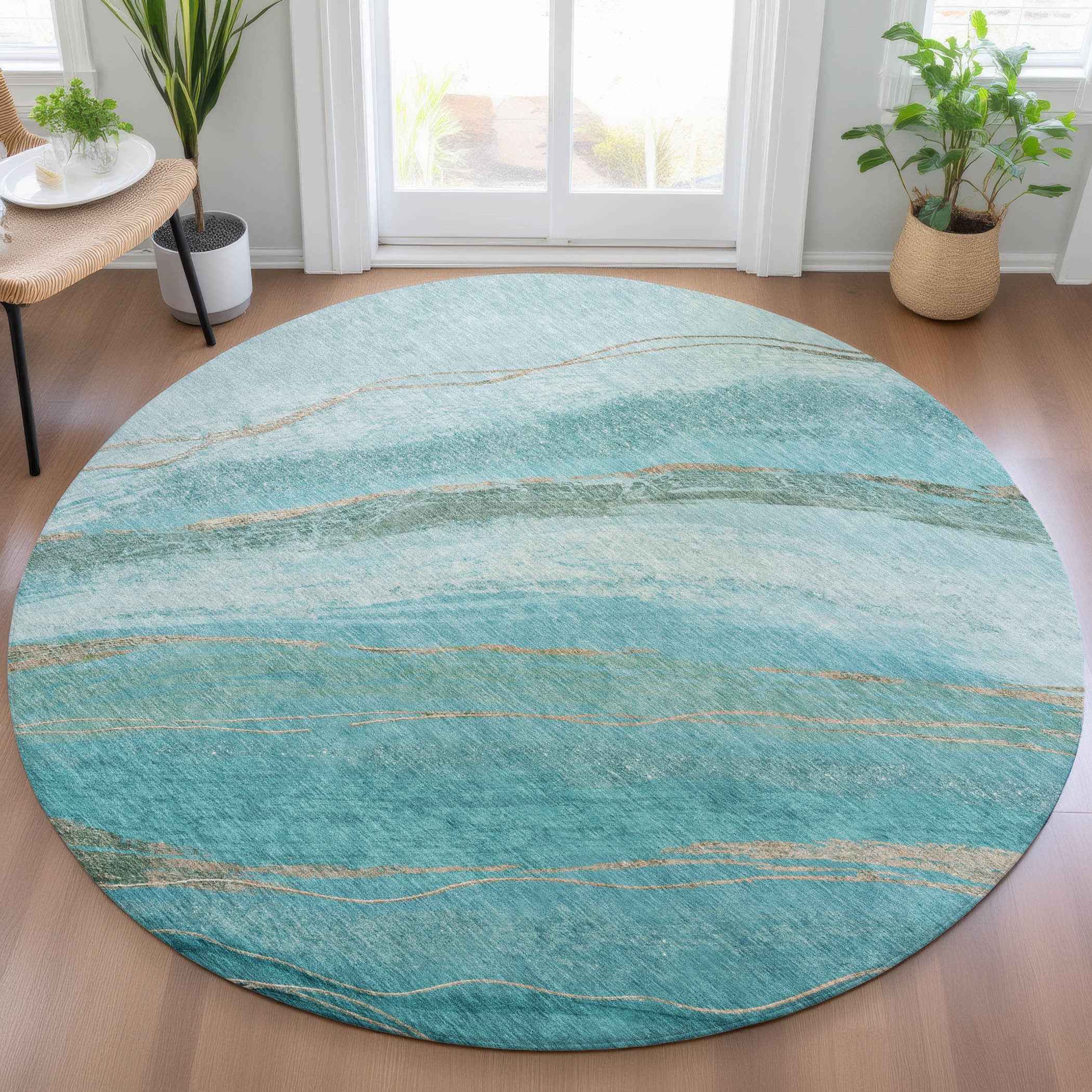 8' Turquoise And Taupe Round Abstract Washable Indoor Outdoor Area Rug