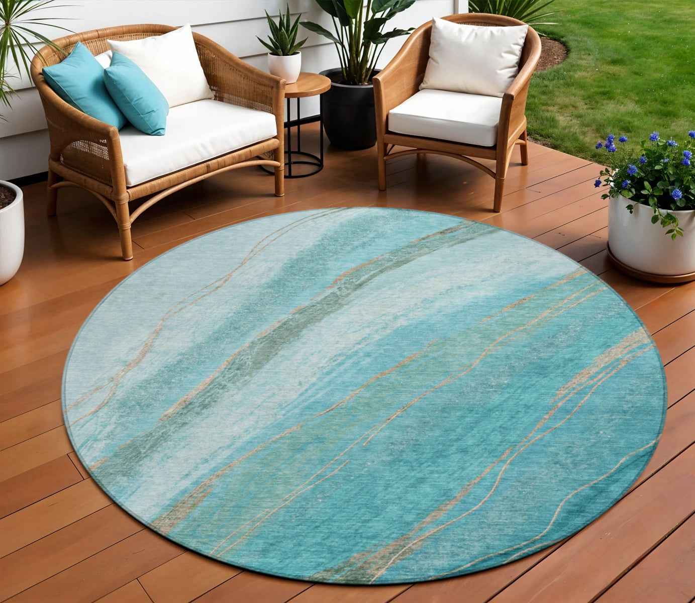 8' Turquoise And Taupe Round Abstract Washable Indoor Outdoor Area Rug