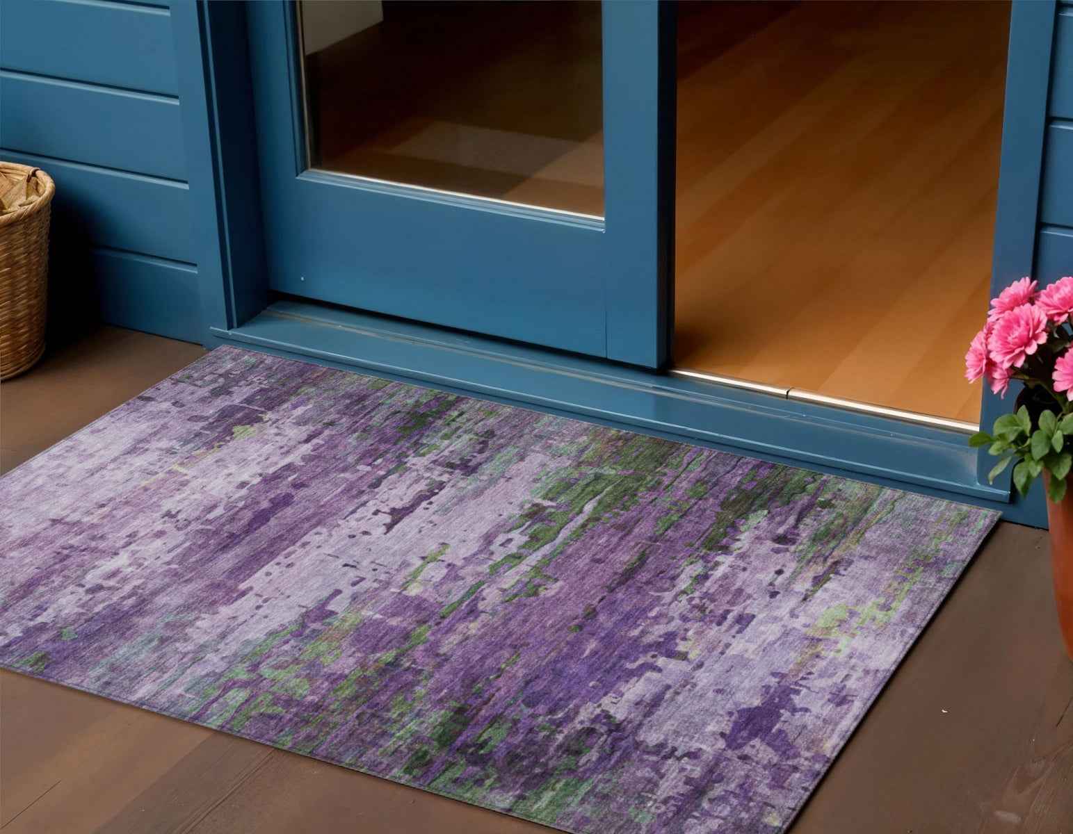 3' X 5' Purple Green And Charcoal Abstract Washable Indoor Outdoor Area Rug