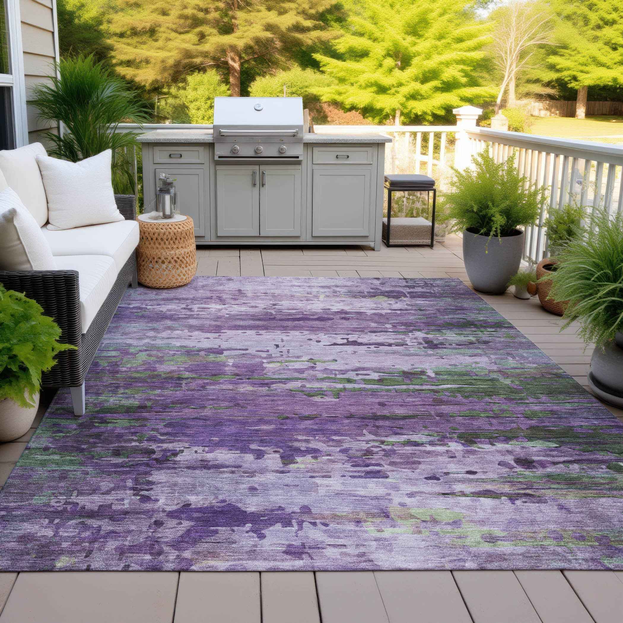 3' X 5' Purple Green And Charcoal Abstract Washable Indoor Outdoor Area Rug