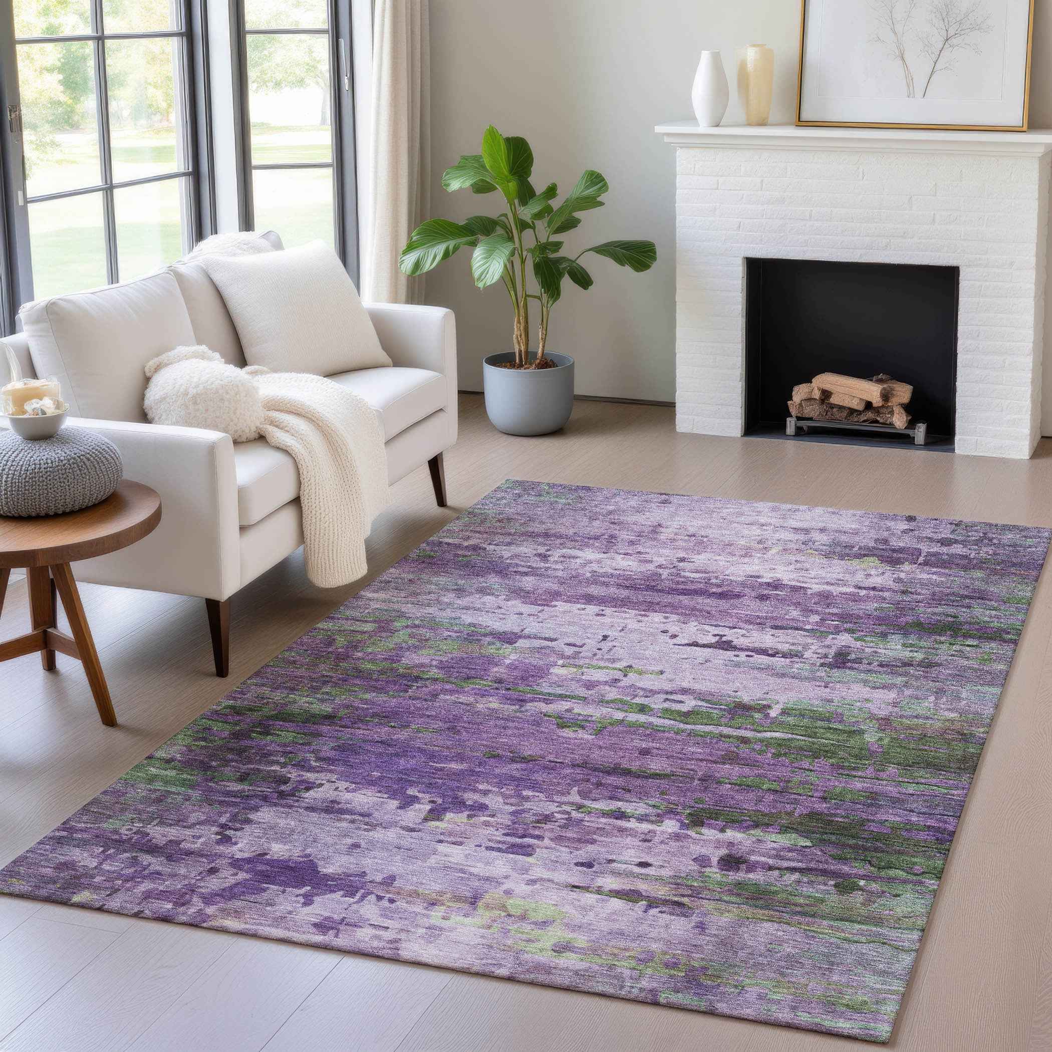 3' X 5' Purple Green And Charcoal Abstract Washable Indoor Outdoor Area Rug