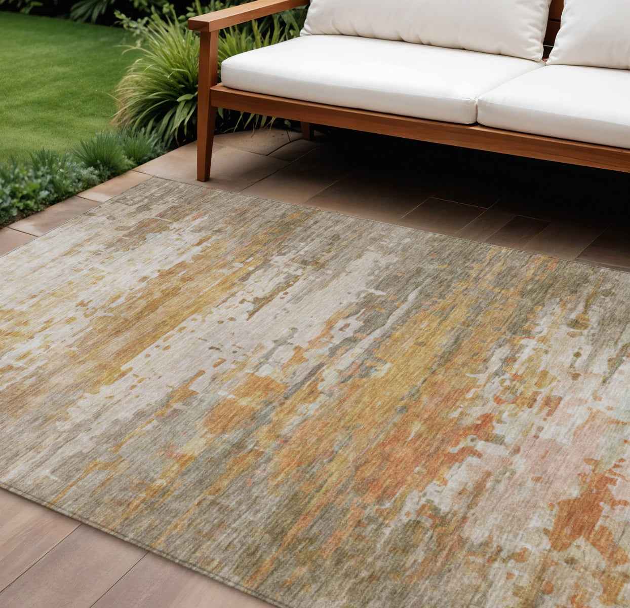 9' X 12' Khaki And Beige Abstract Washable Indoor Outdoor Area Rug