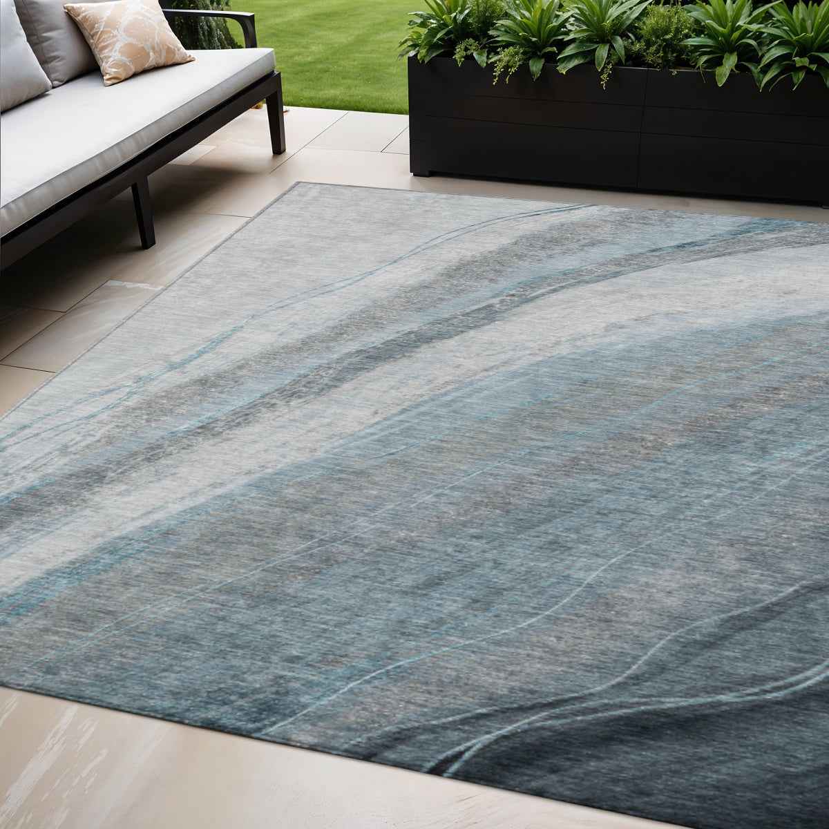 5' X 8' Teal Blue And Gray Abstract Washable Indoor Outdoor Area Rug