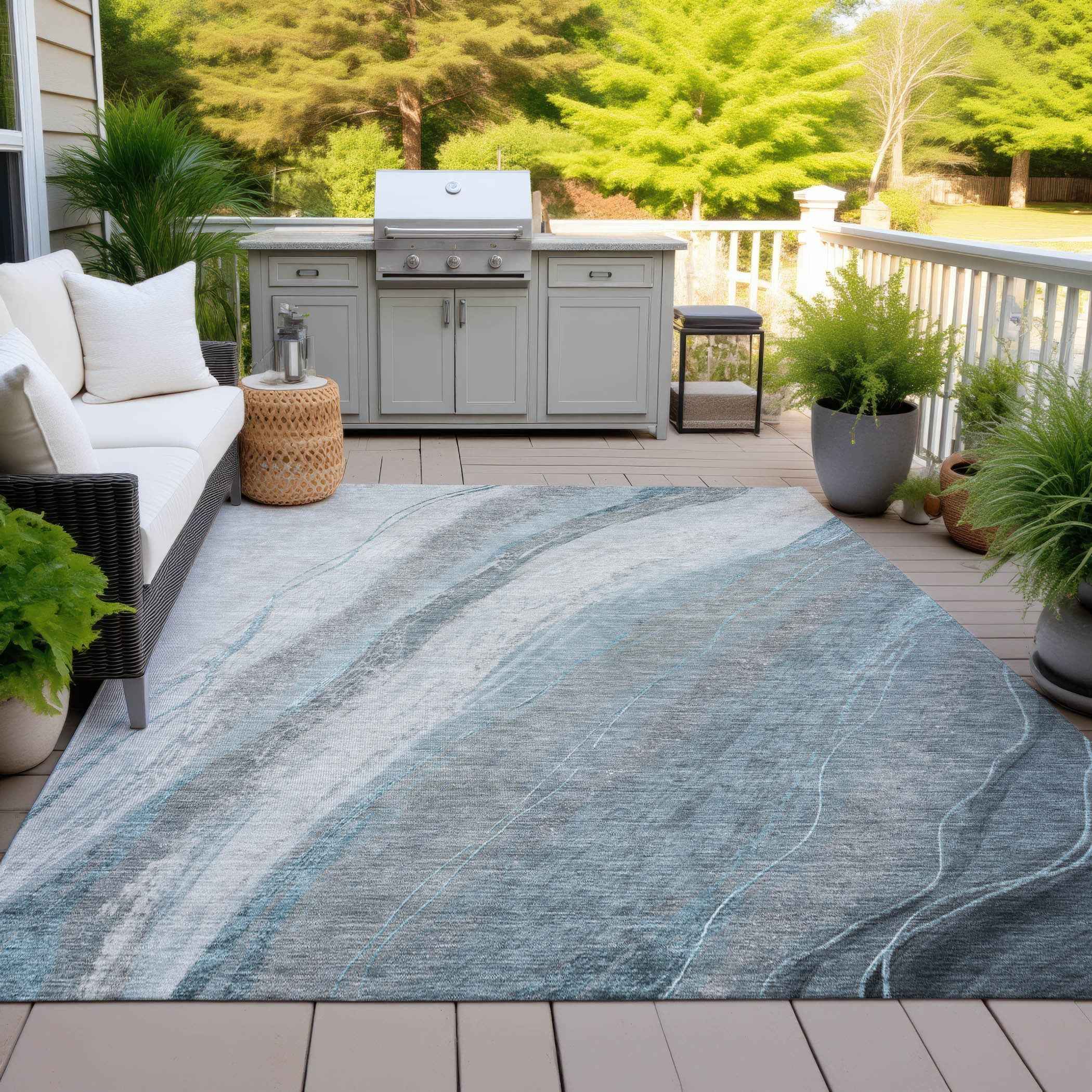 5' X 8' Teal Blue And Gray Abstract Washable Indoor Outdoor Area Rug
