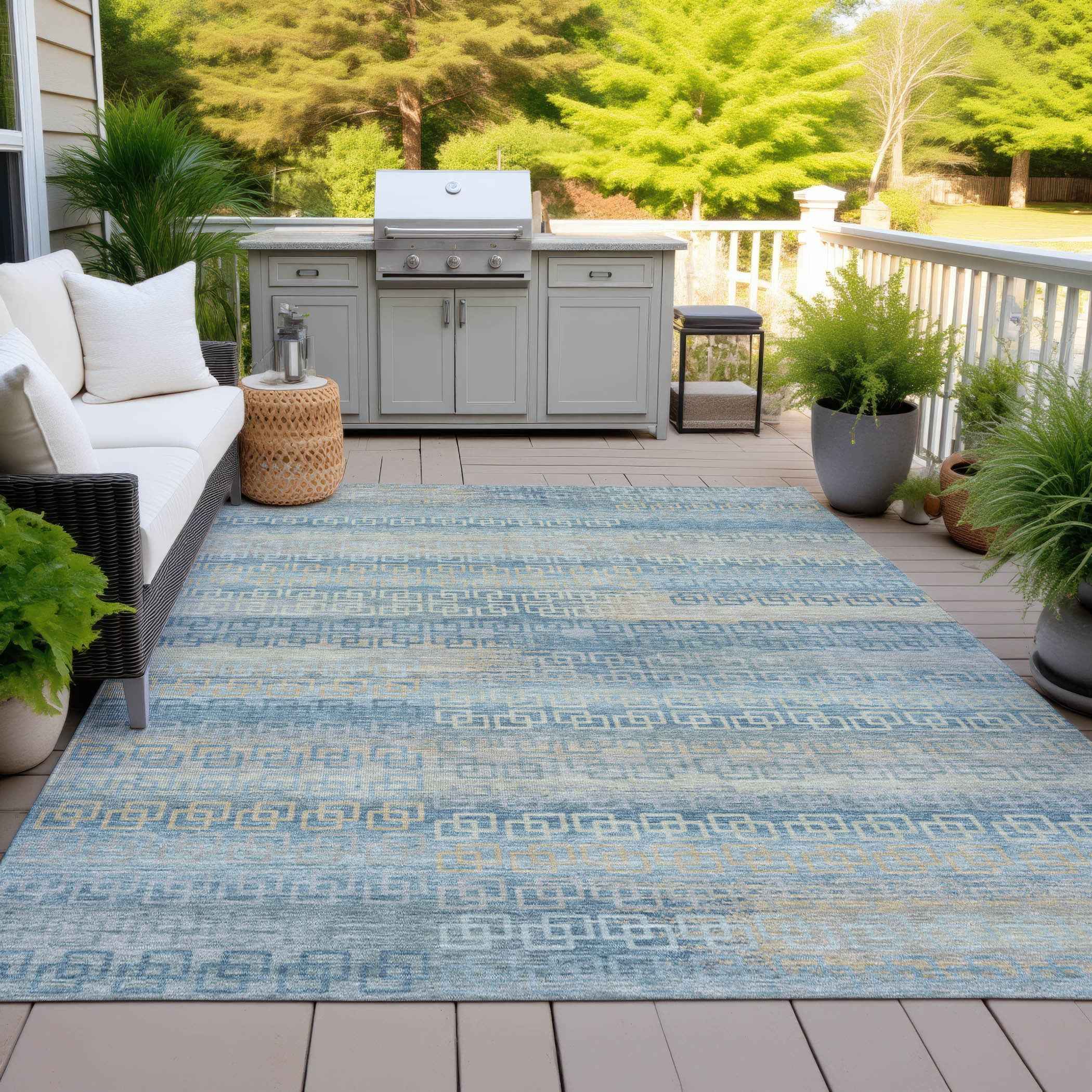 5' X 8' Teal Blue And Beige Striped Washable Indoor Outdoor Area Rug