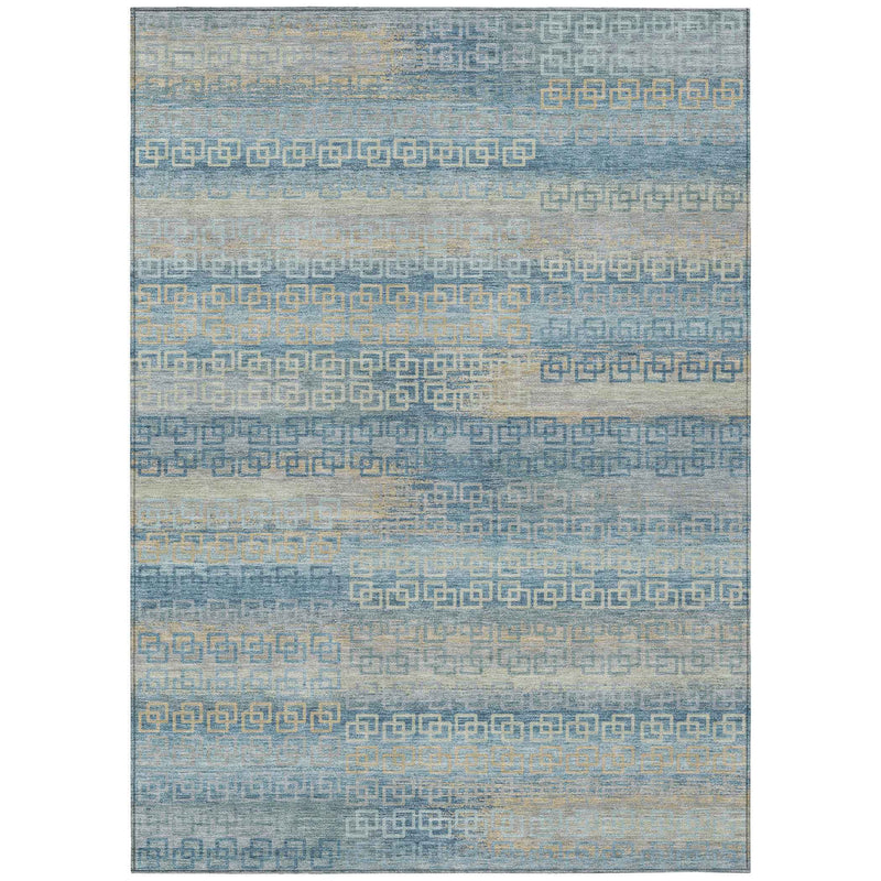 5' X 8' Teal Blue And Beige Striped Washable Indoor Outdoor Area Rug