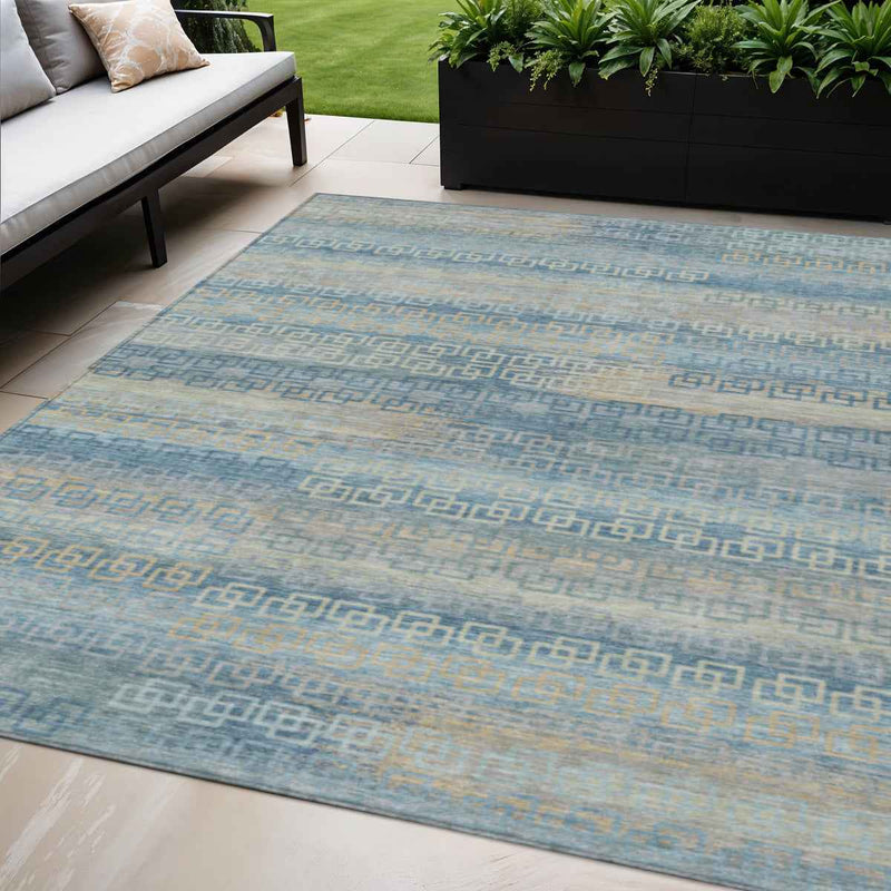 5' X 8' Teal Blue And Beige Striped Washable Indoor Outdoor Area Rug