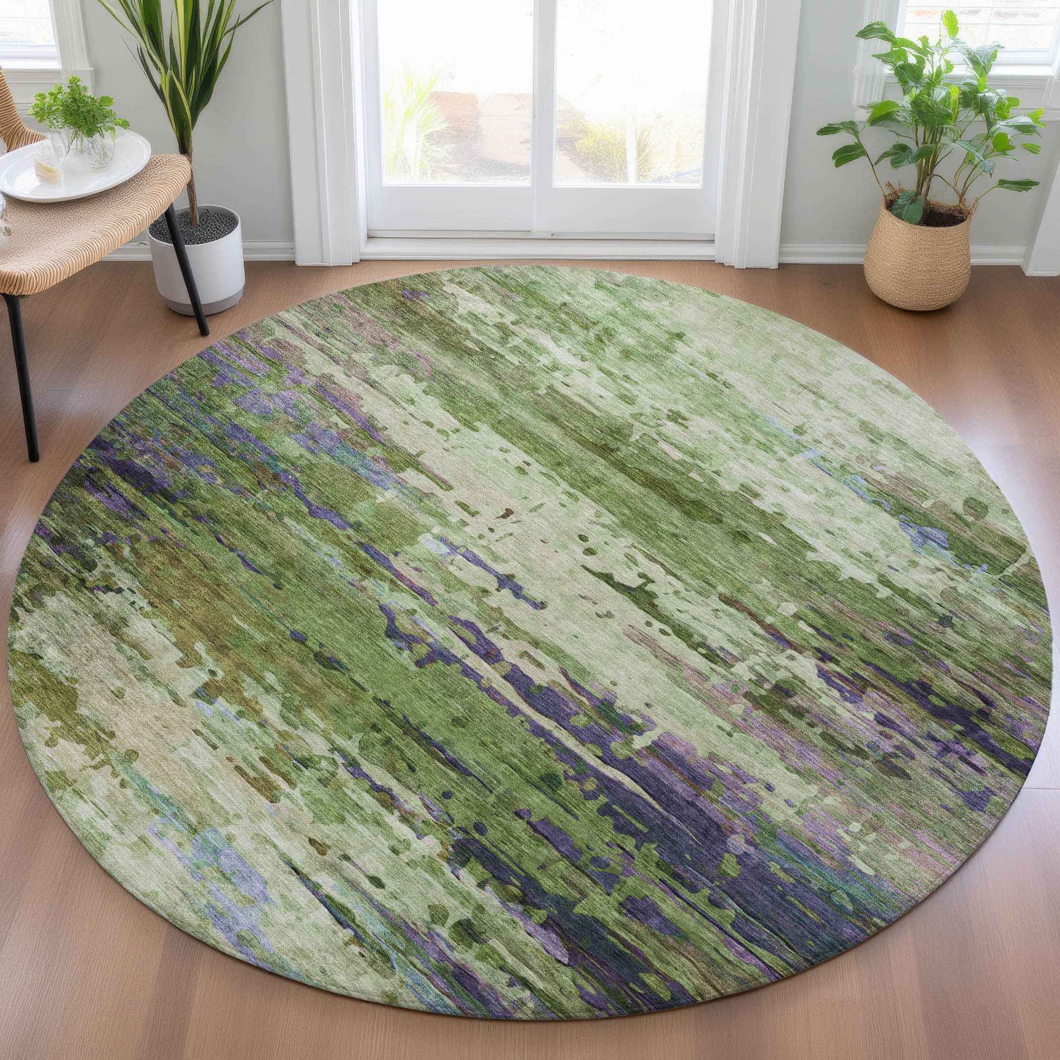 8' Green Lavender And Purple Round Abstract Washable Indoor Outdoor Area Rug