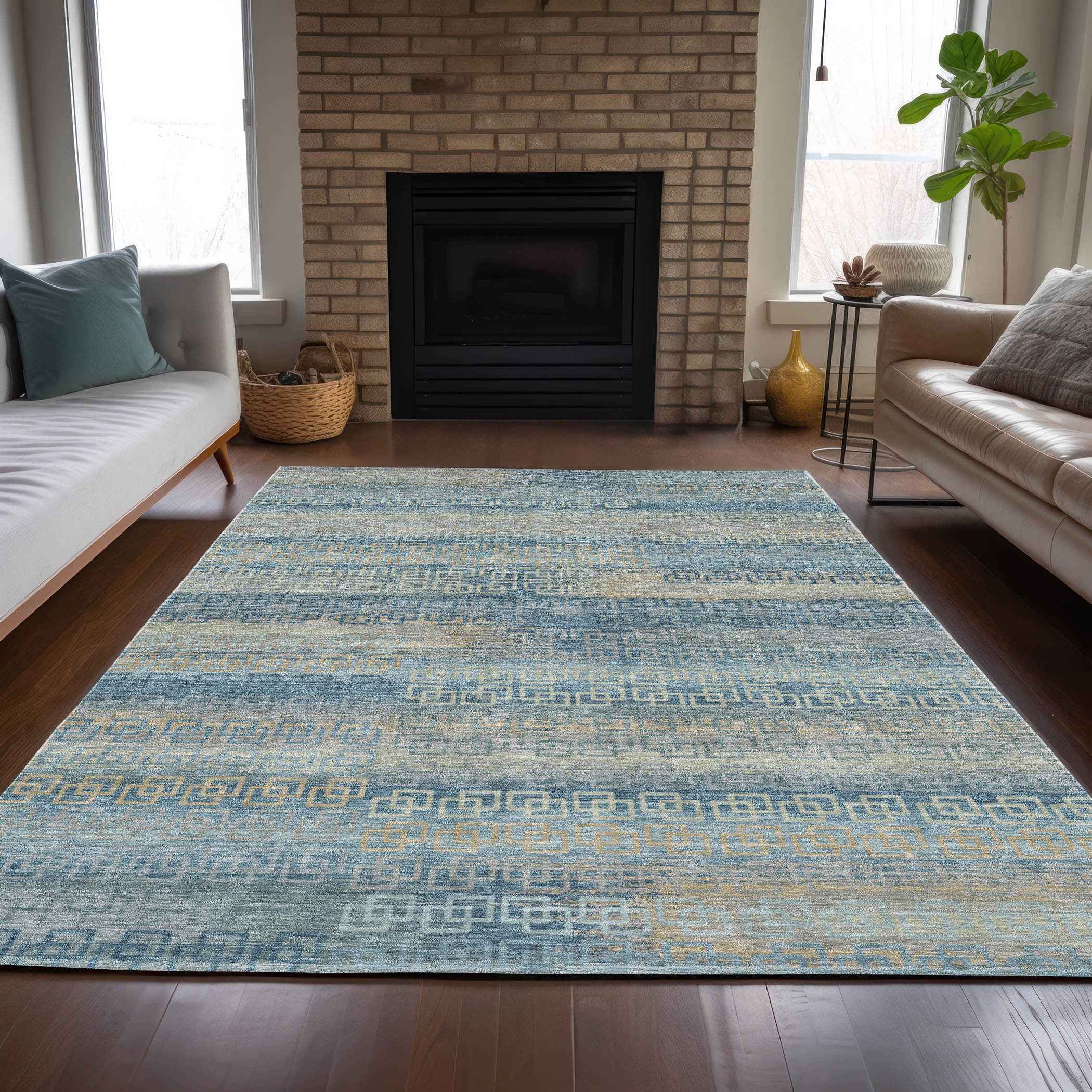 5' X 8' Teal Blue And Beige Striped Washable Indoor Outdoor Area Rug
