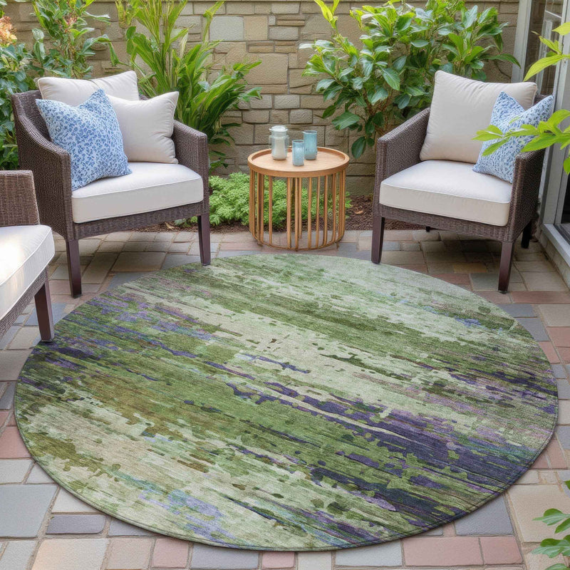 8' Green Lavender And Purple Round Abstract Washable Indoor Outdoor Area Rug