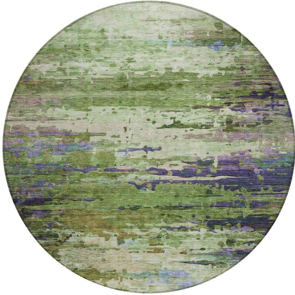 8' Green Lavender And Purple Round Abstract Washable Indoor Outdoor Area Rug