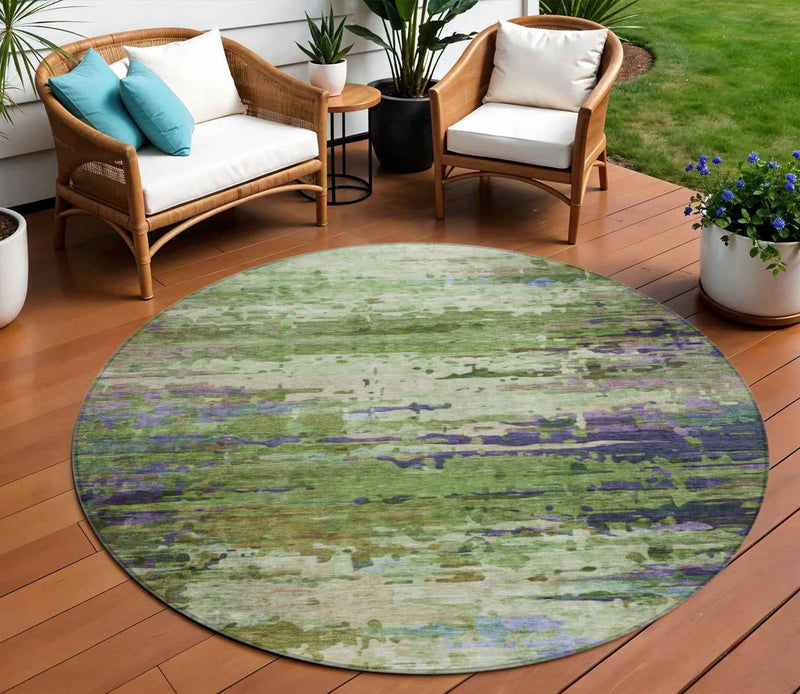 8' Green Lavender And Purple Round Abstract Washable Indoor Outdoor Area Rug