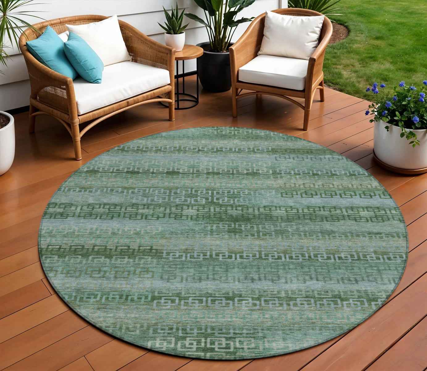 8' Artichoke Green And Sage Round Striped Washable Indoor Outdoor Area Rug