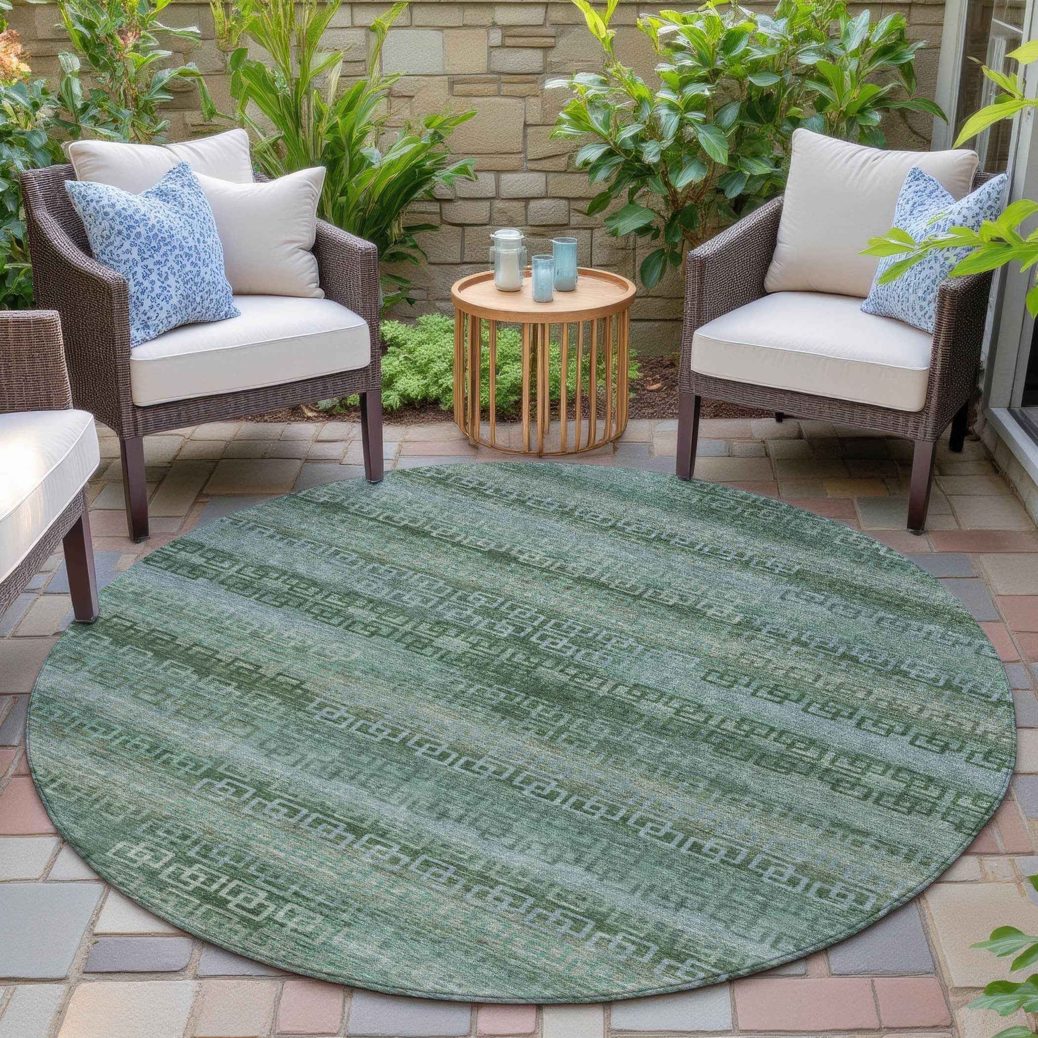 8' Artichoke Green And Sage Round Striped Washable Indoor Outdoor Area Rug