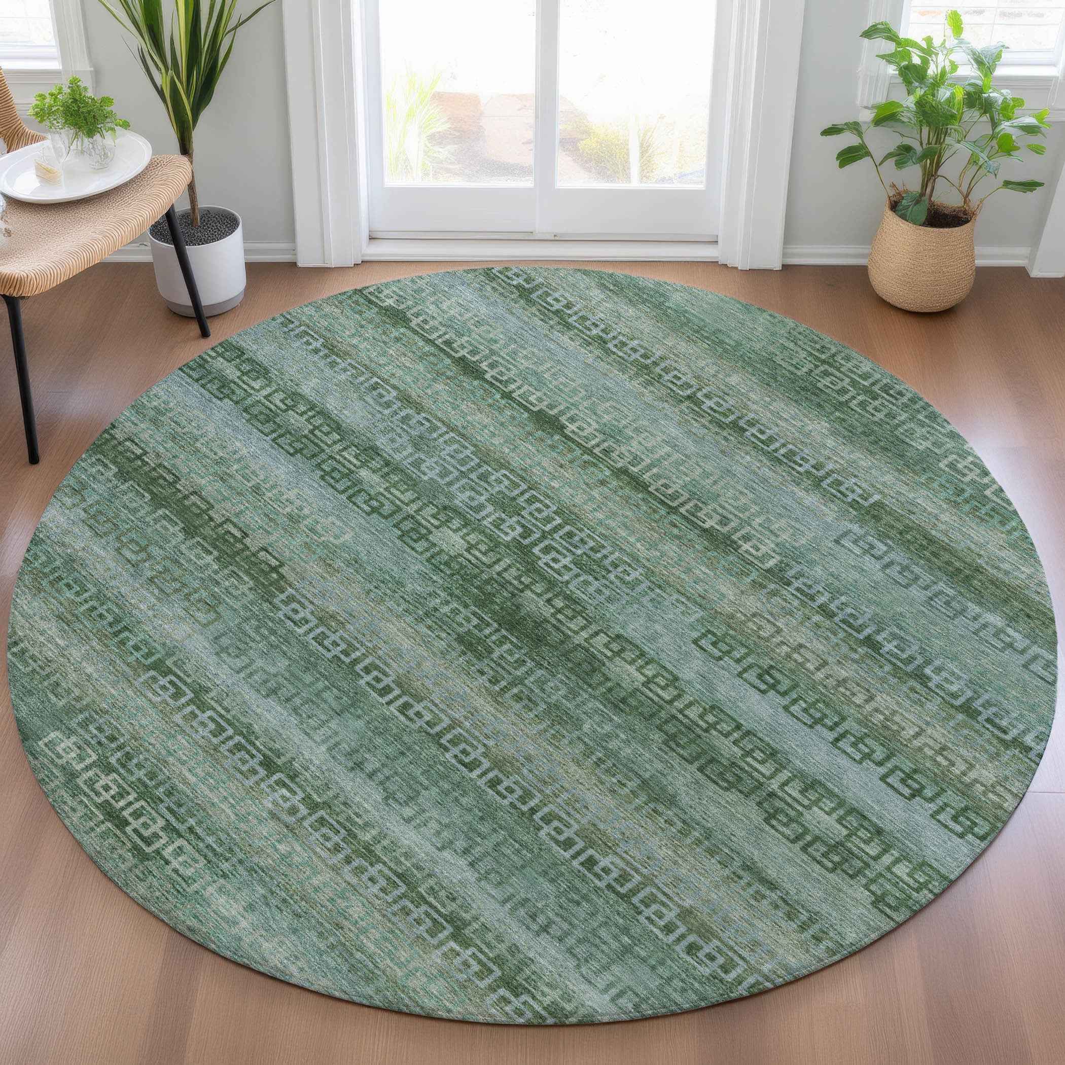 8' Artichoke Green And Sage Round Striped Washable Indoor Outdoor Area Rug