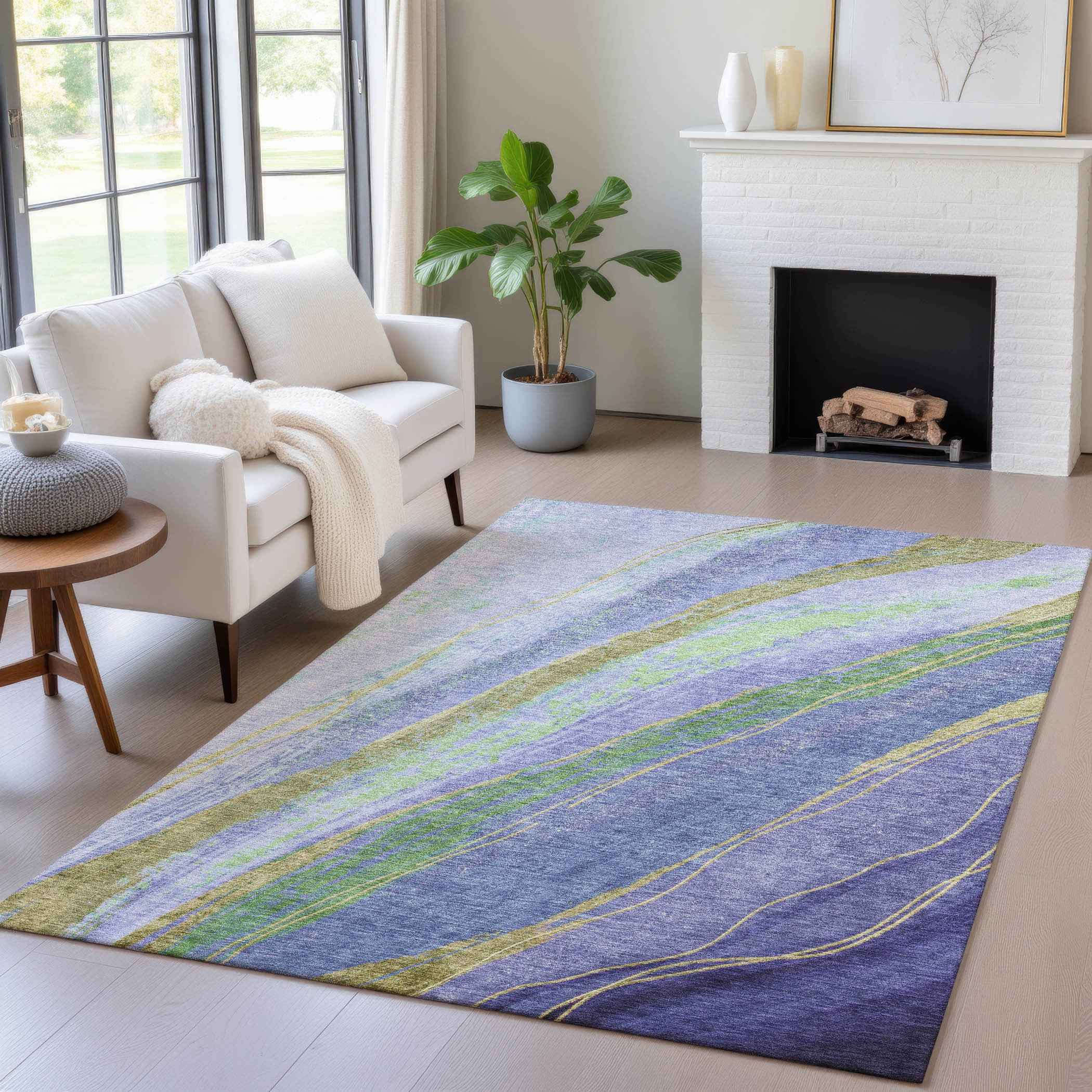 10' X 14' Purple Green And Gold Abstract Washable Indoor Outdoor Area Rug