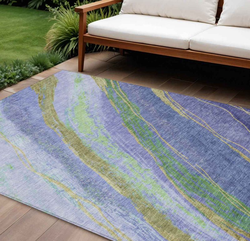 10' X 14' Purple Green And Gold Abstract Washable Indoor Outdoor Area Rug