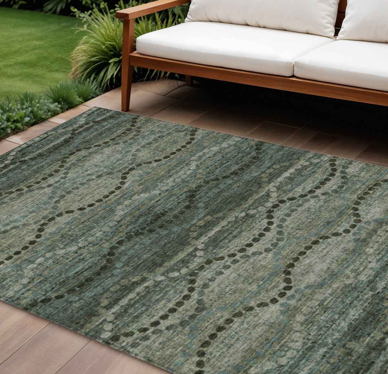 9' X 12' Artichoke Green And Gray Ogee Washable Indoor Outdoor Area Rug