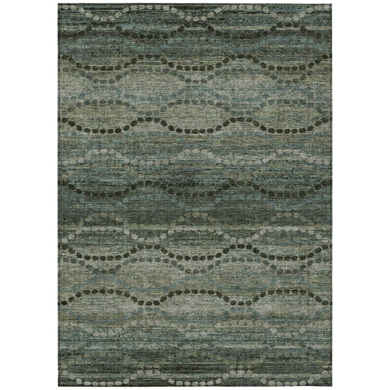 9' X 12' Artichoke Green And Gray Ogee Washable Indoor Outdoor Area Rug