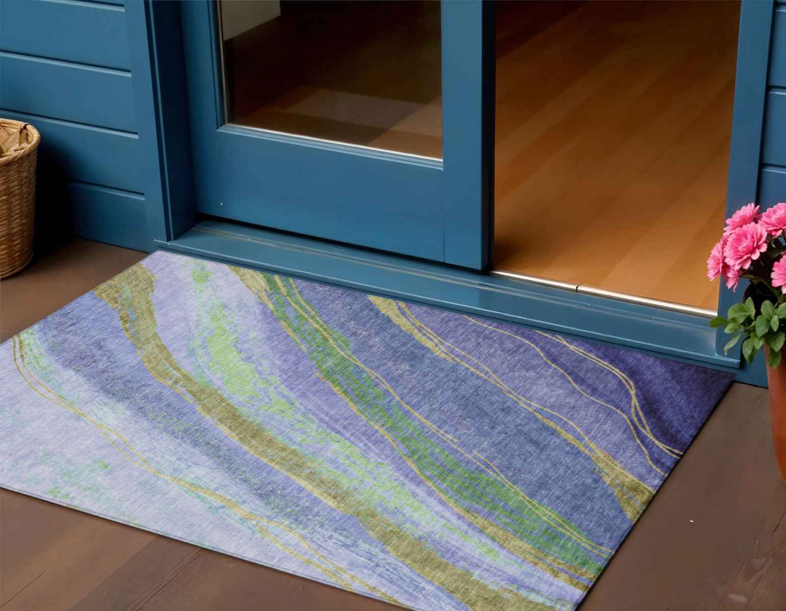 3' X 5' Purple Green And Gold Abstract Washable Indoor Outdoor Area Rug