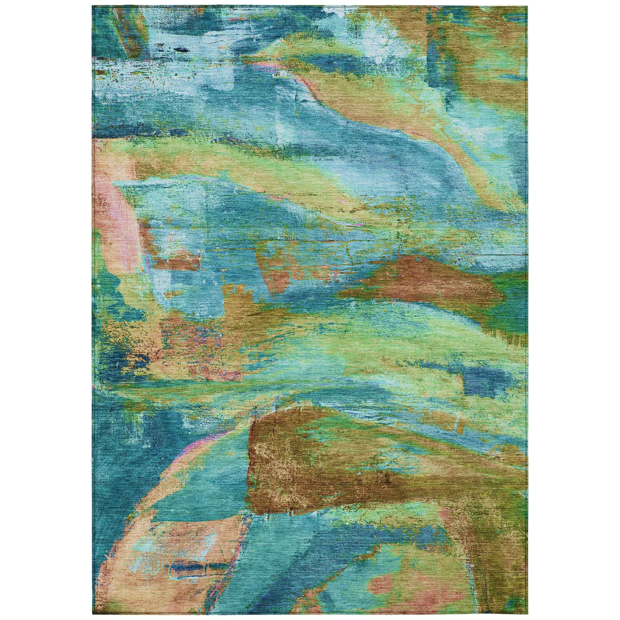 5' X 8' Teal Blue Lime Green And Blush Abstract Washable Indoor Outdoor Area Rug