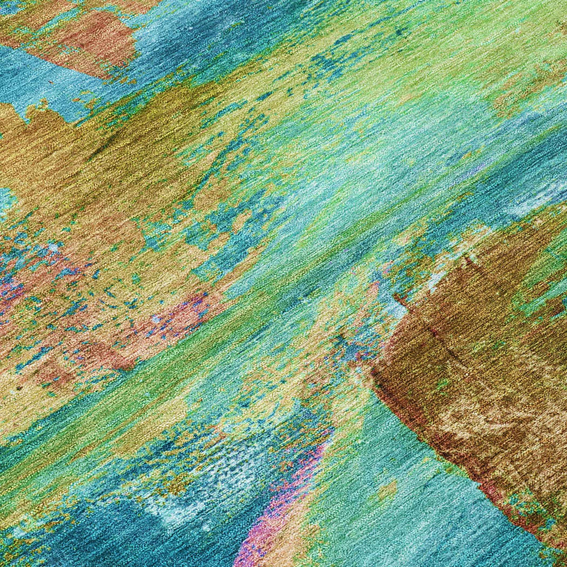 5' X 8' Teal Blue Lime Green And Blush Abstract Washable Indoor Outdoor Area Rug