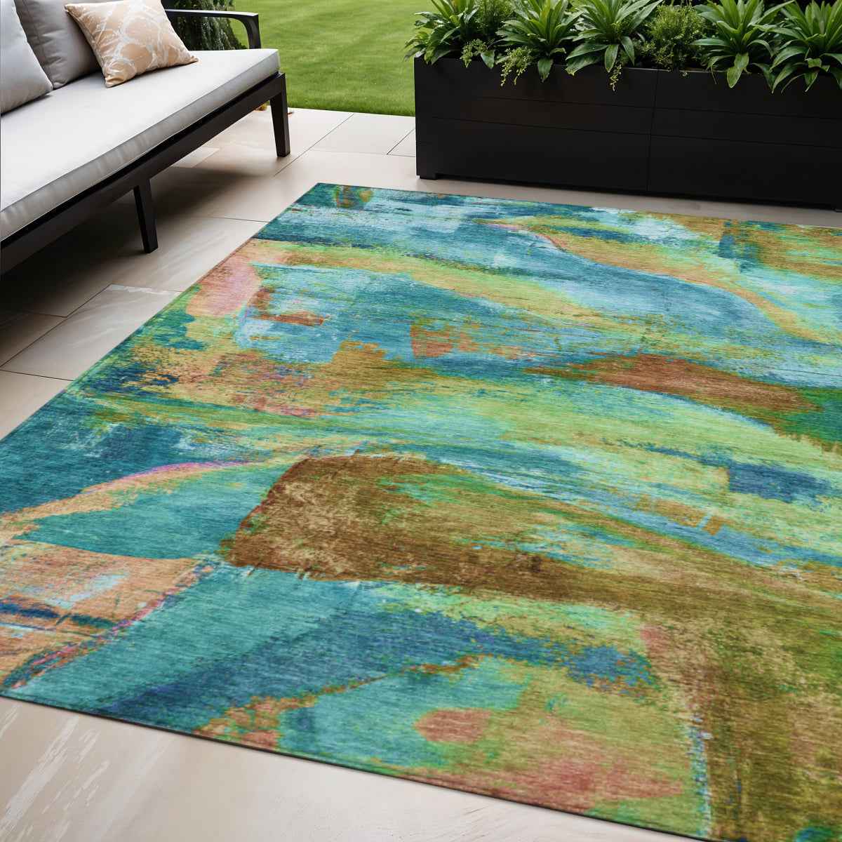 5' X 8' Teal Blue Lime Green And Blush Abstract Washable Indoor Outdoor Area Rug