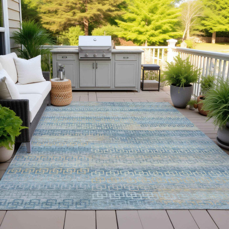 3' X 5' Teal Blue And Beige Striped Washable Indoor Outdoor Area Rug