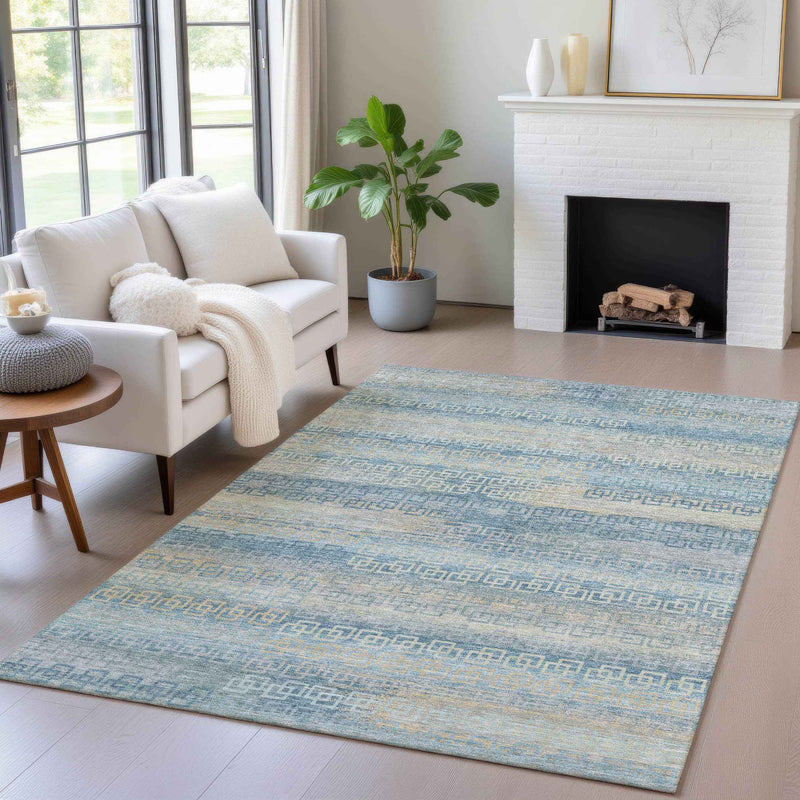 3' X 5' Teal Blue And Beige Striped Washable Indoor Outdoor Area Rug