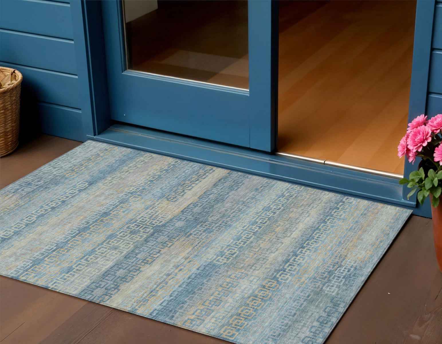 3' X 5' Teal Blue And Beige Striped Washable Indoor Outdoor Area Rug