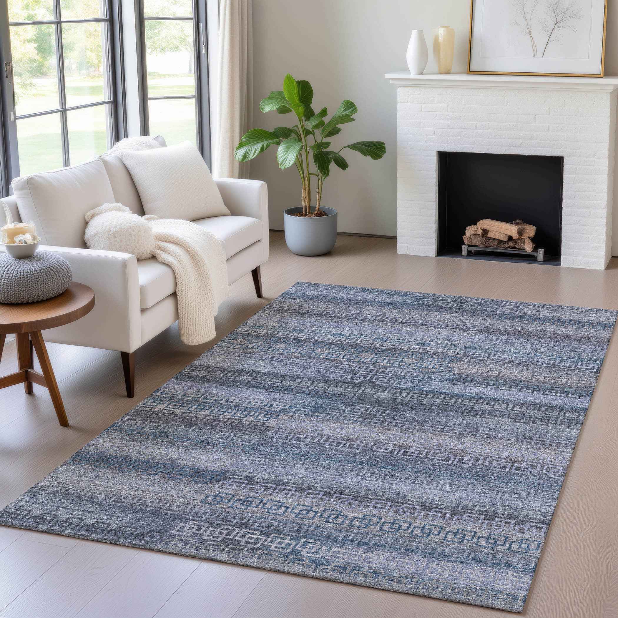 8' X 10' Taupe And Blue Striped Washable Indoor Outdoor Area Rug