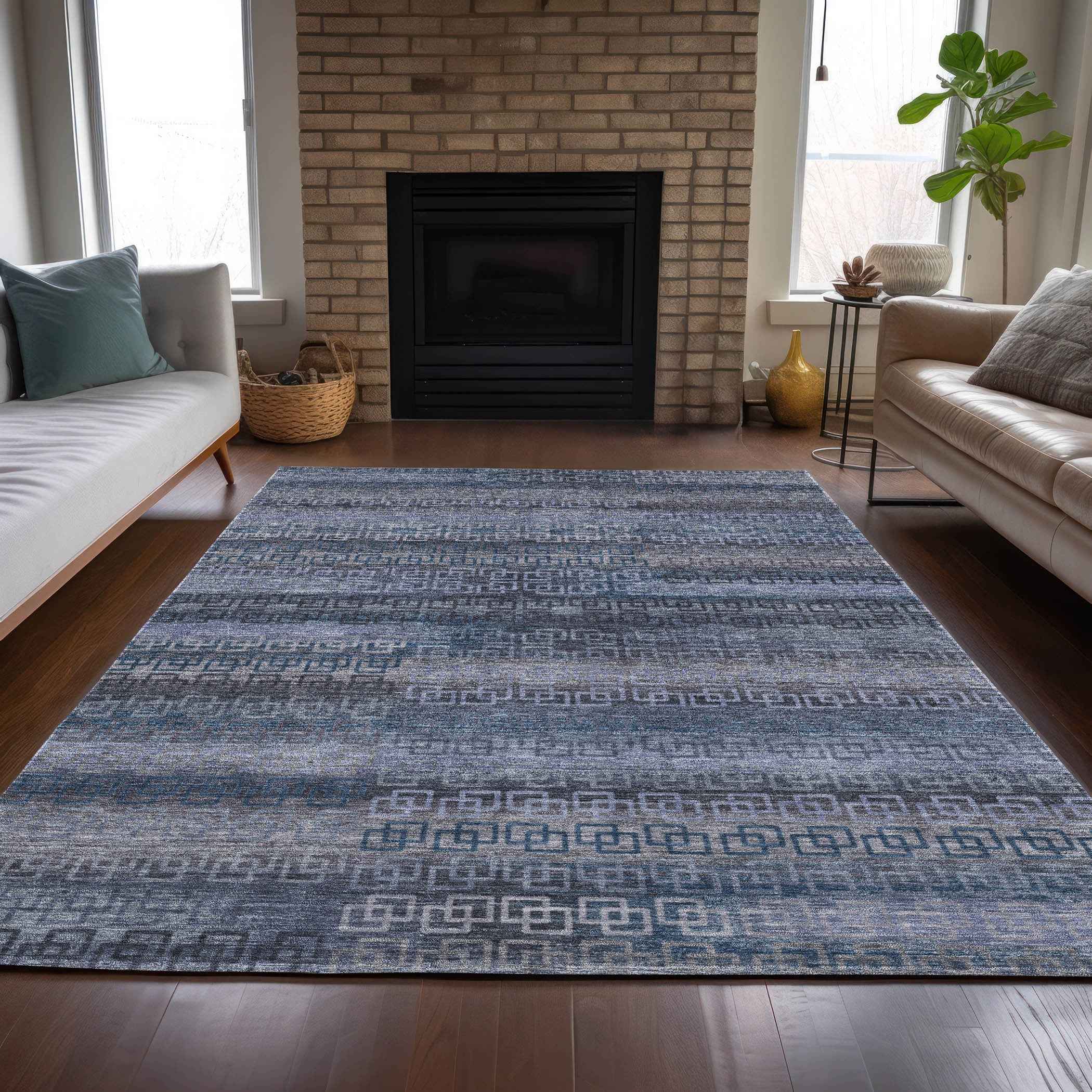 8' X 10' Taupe And Blue Striped Washable Indoor Outdoor Area Rug