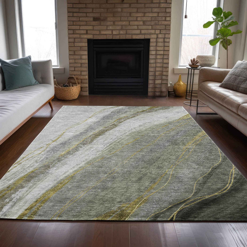 3' X 5' Artichoke Green And Gray Abstract Washable Indoor Outdoor Area Rug