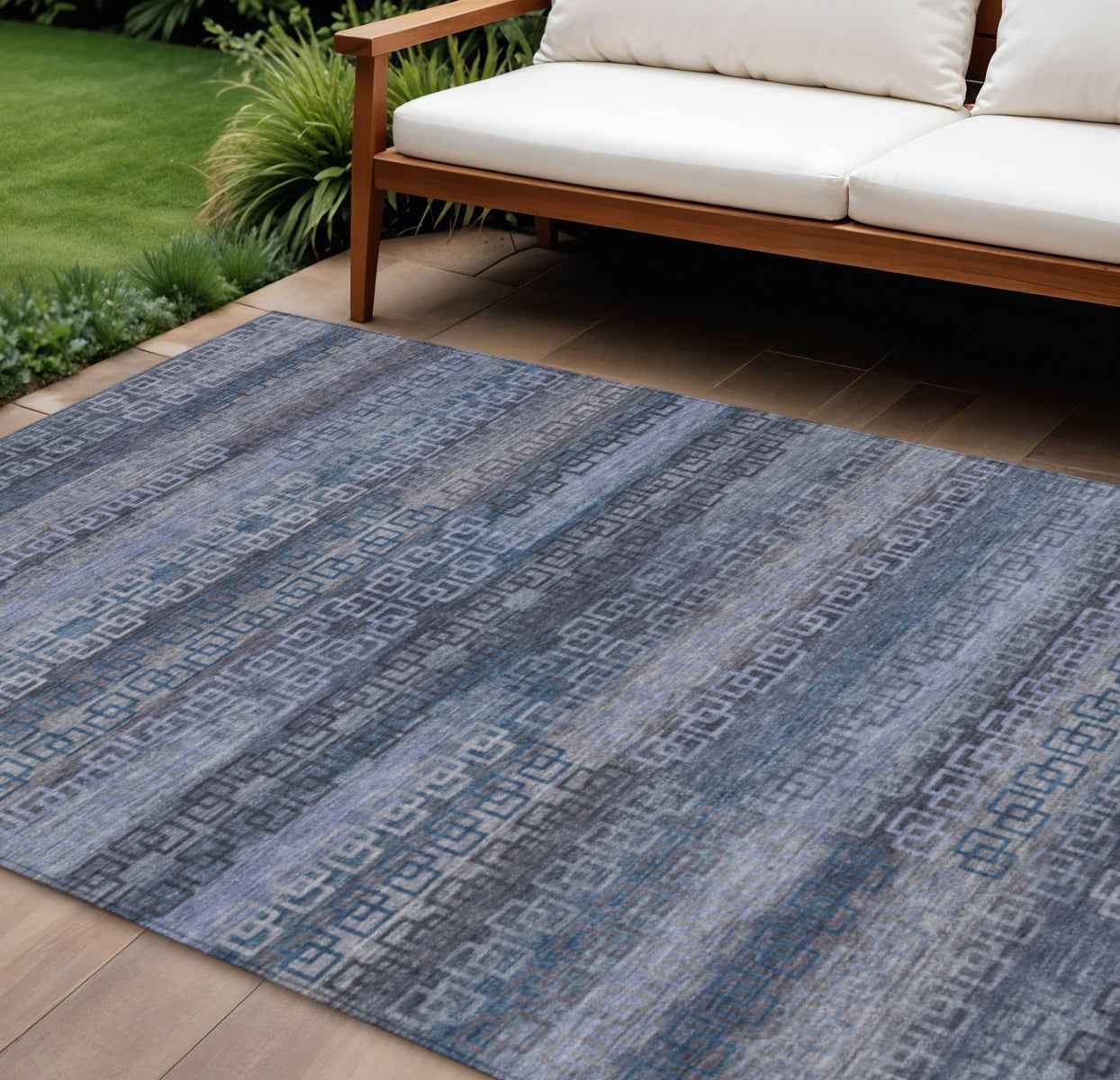 10' X 14' Taupe And Blue Striped Washable Indoor Outdoor Area Rug