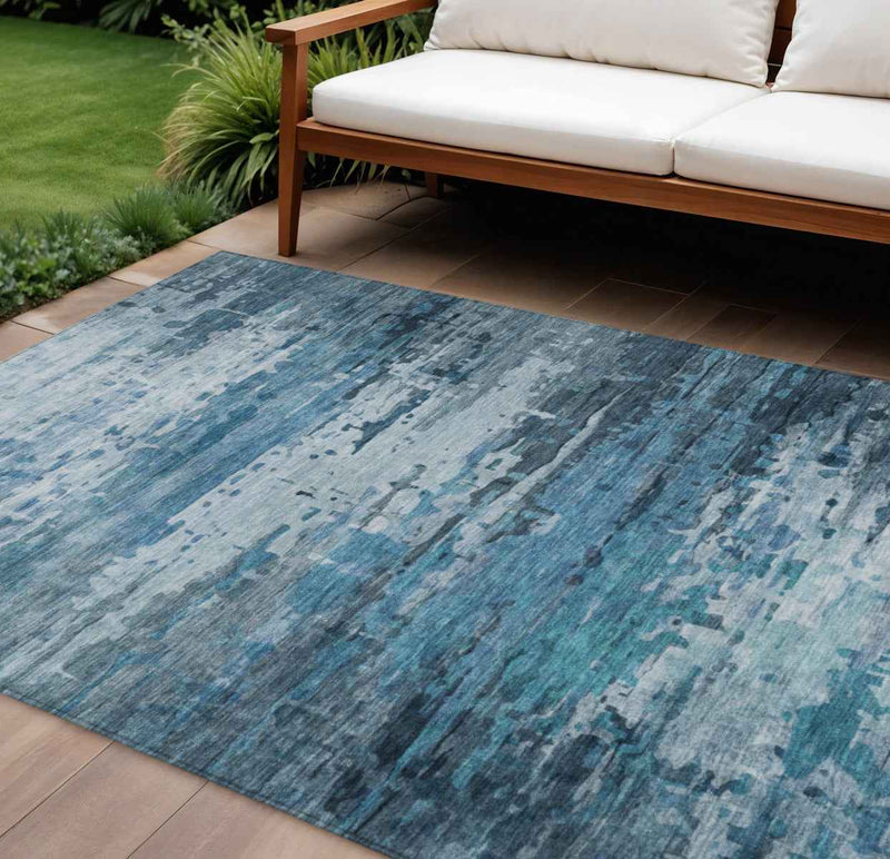 10' X 14' Blue And Ivory Abstract Washable Indoor Outdoor Area Rug