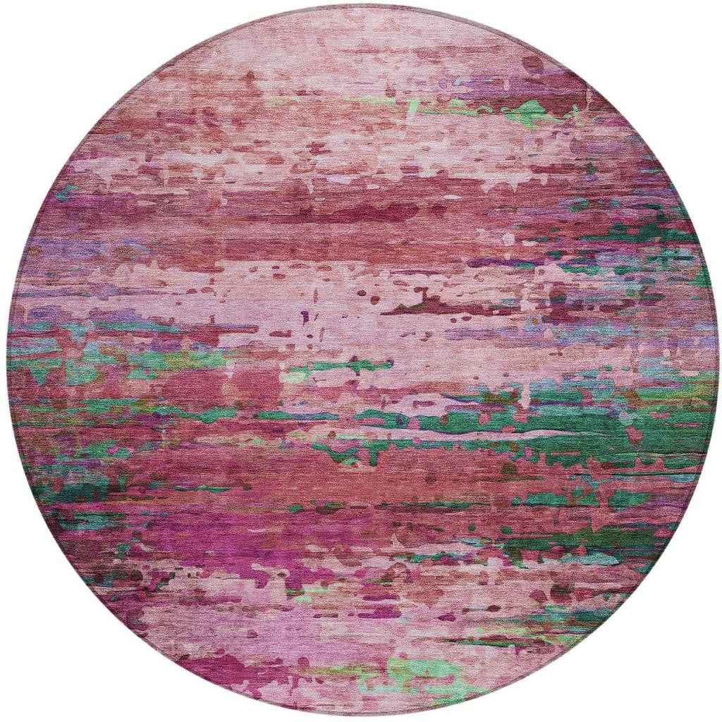 8' Pink Mauve And Green Round Abstract Washable Indoor Outdoor Area Rug