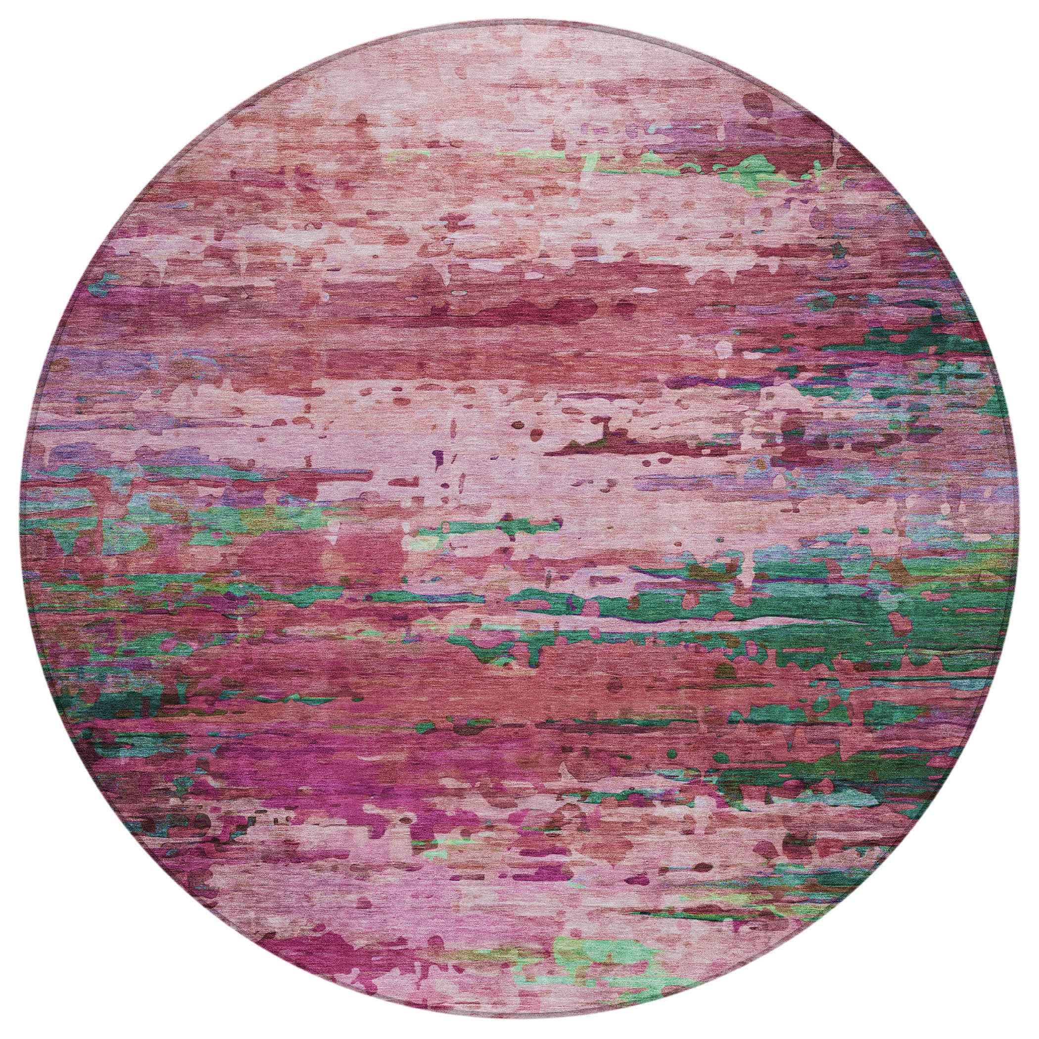 8' Pink Mauve And Green Round Abstract Washable Indoor Outdoor Area Rug