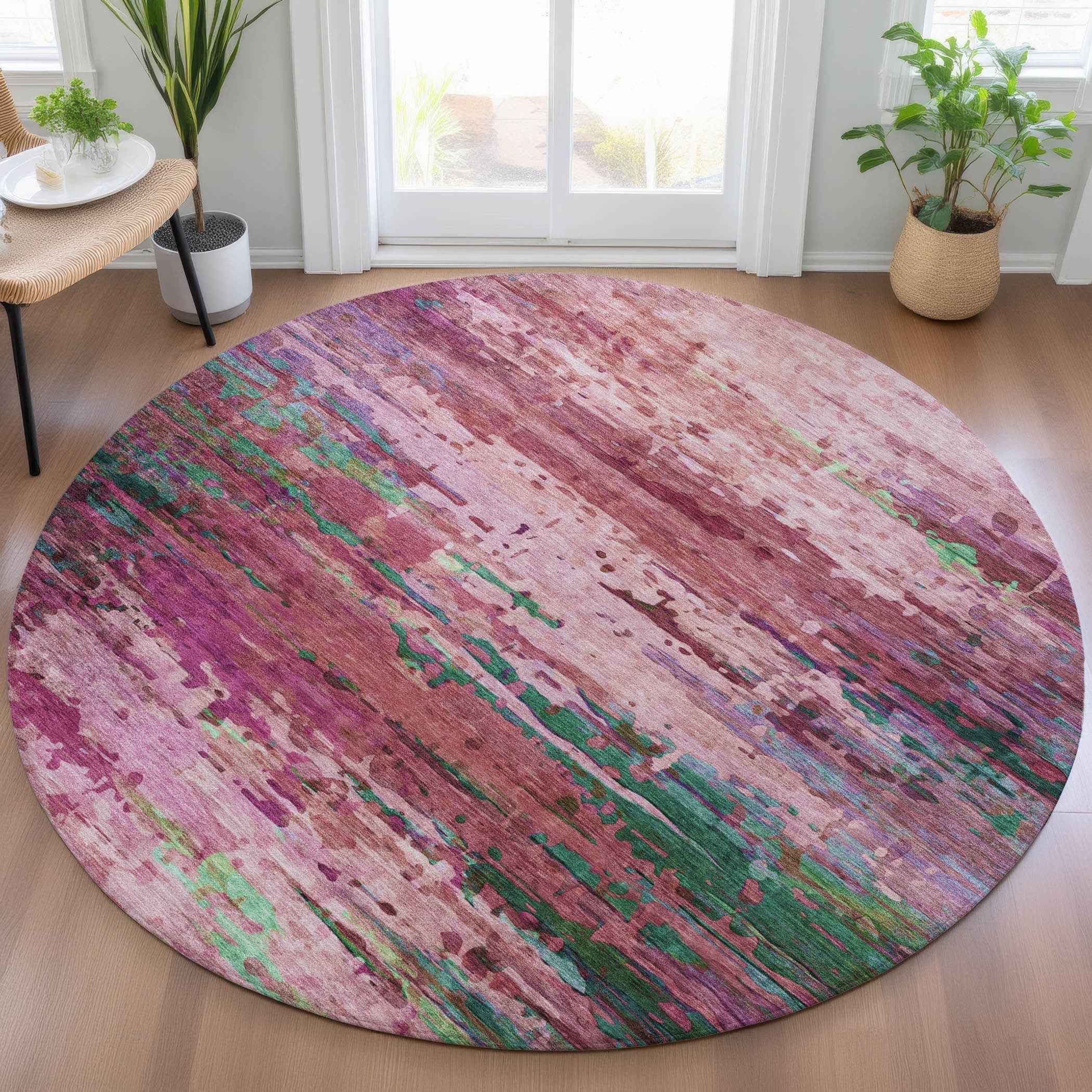 8' Pink Mauve And Green Round Abstract Washable Indoor Outdoor Area Rug