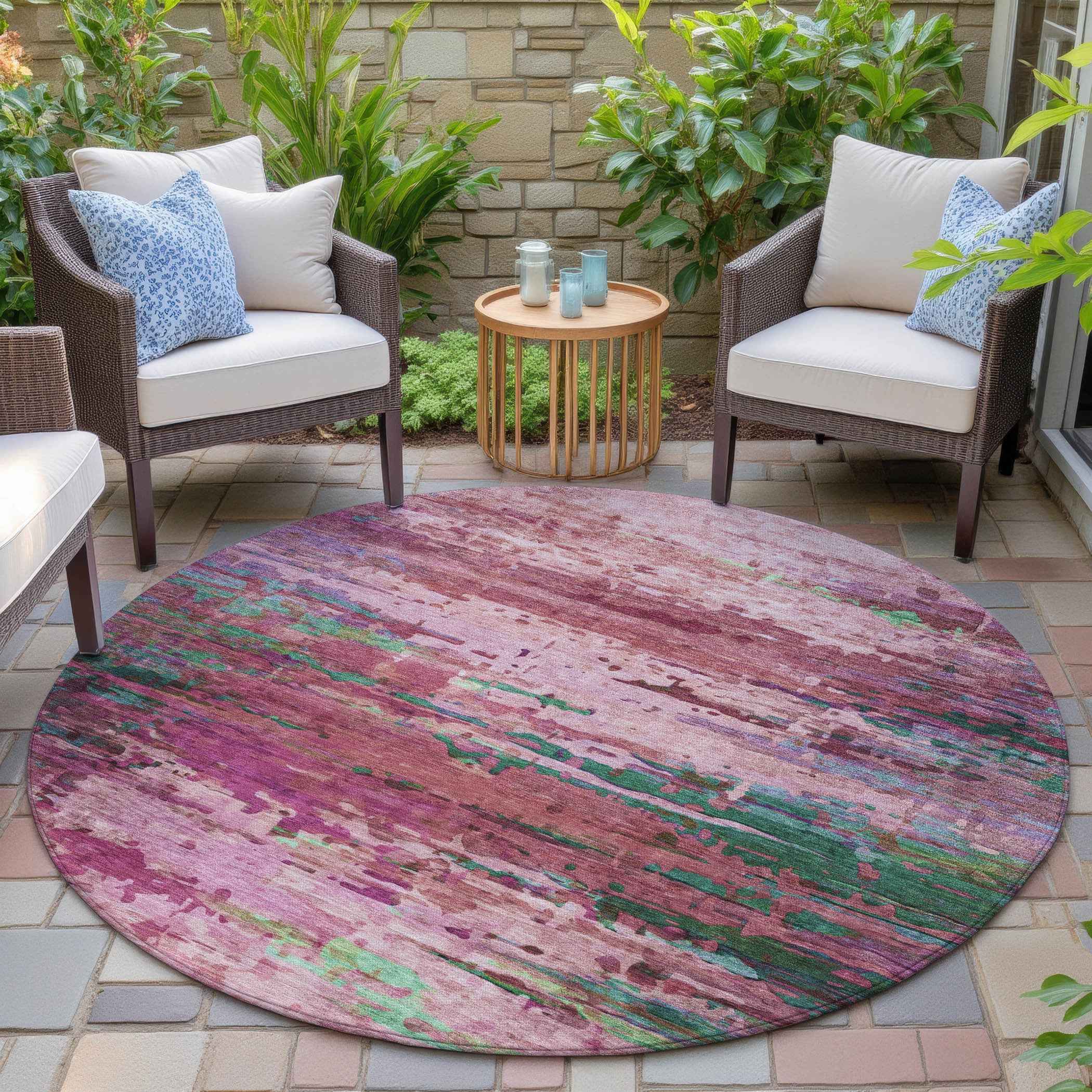 8' Pink Mauve And Green Round Abstract Washable Indoor Outdoor Area Rug