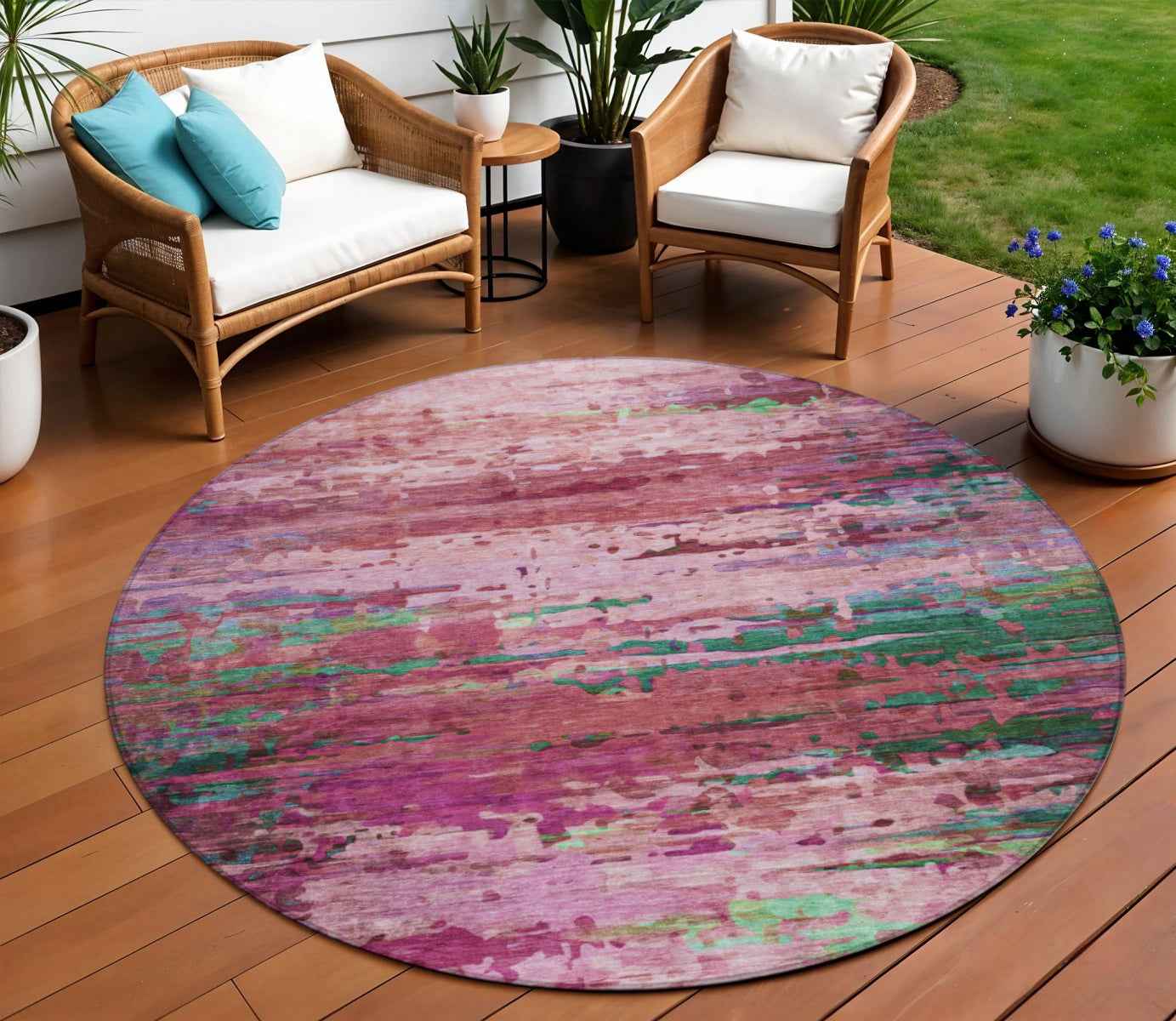 8' Pink Mauve And Green Round Abstract Washable Indoor Outdoor Area Rug