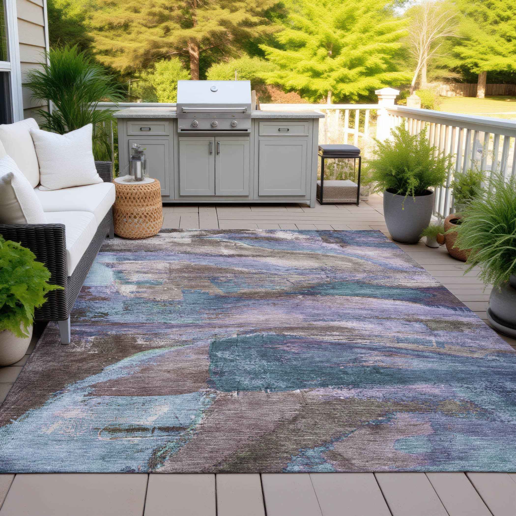 8' X 10' Brown Purple And Teal Blue Abstract Washable Indoor Outdoor Area Rug