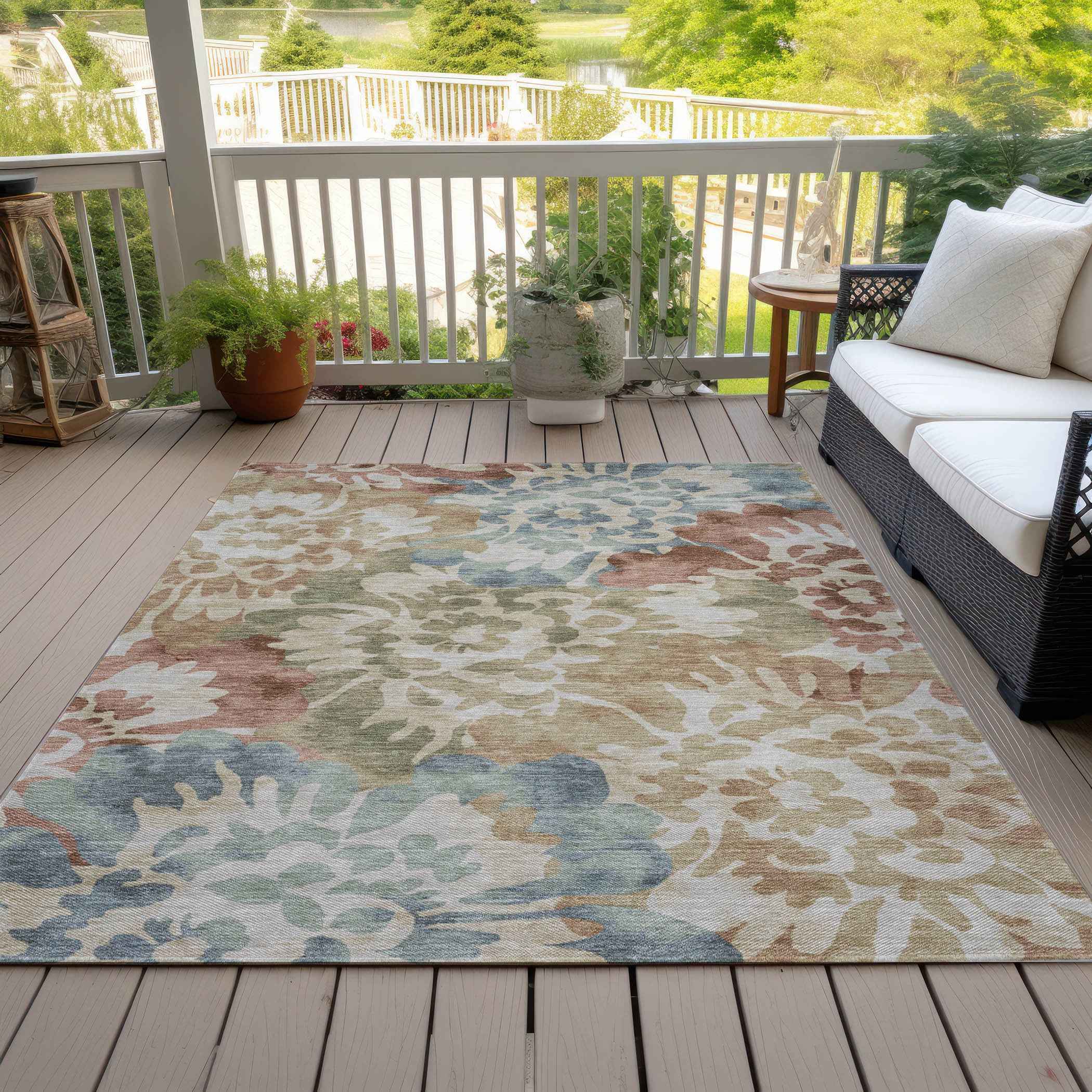 5' X 8' Rust And Beige Floral Washable Indoor Outdoor Area Rug