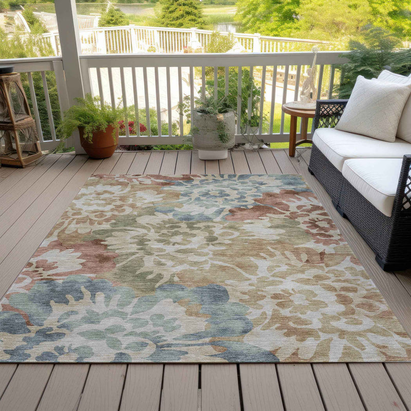 5' X 8' Rust And Beige Floral Washable Indoor Outdoor Area Rug