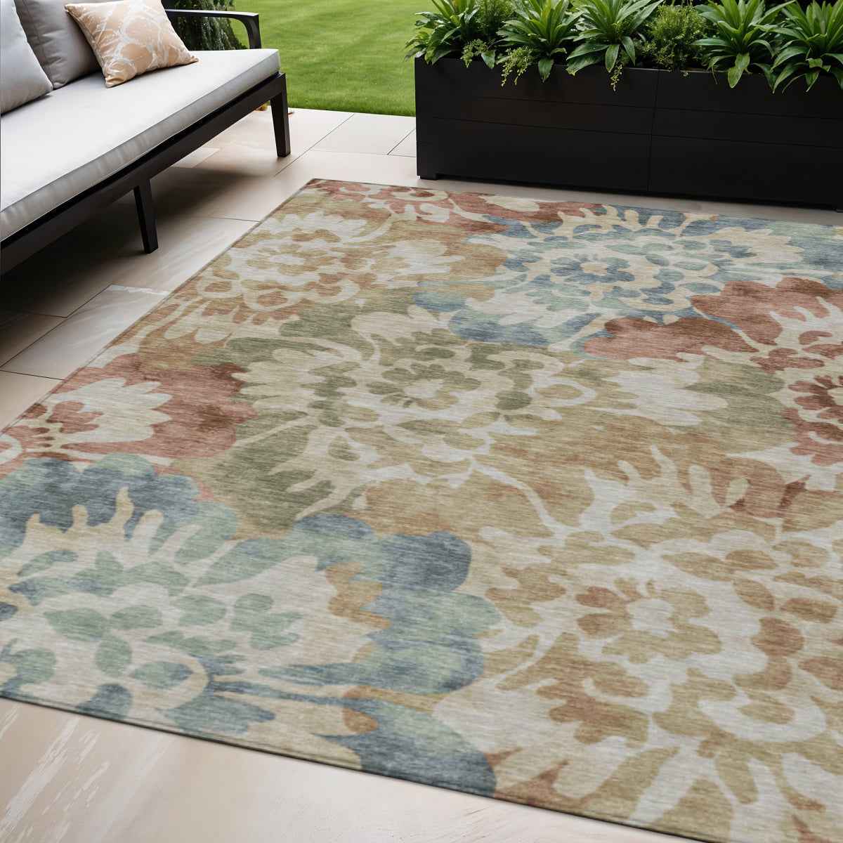 5' X 8' Rust And Beige Floral Washable Indoor Outdoor Area Rug