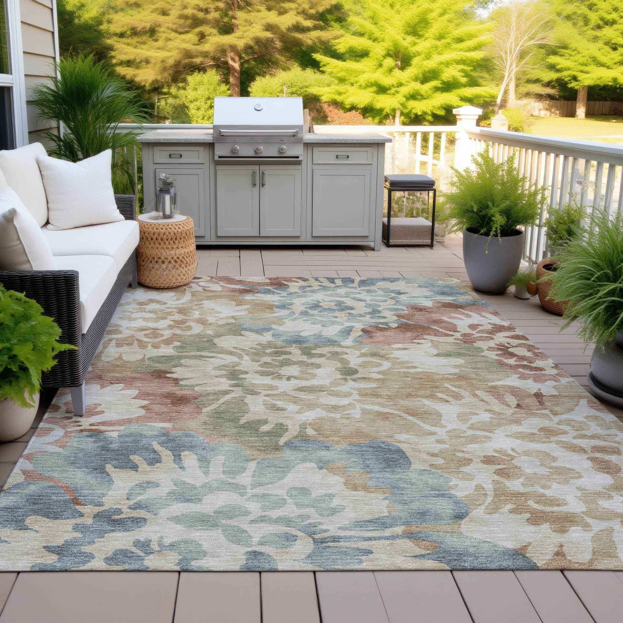 5' X 8' Rust And Beige Floral Washable Indoor Outdoor Area Rug