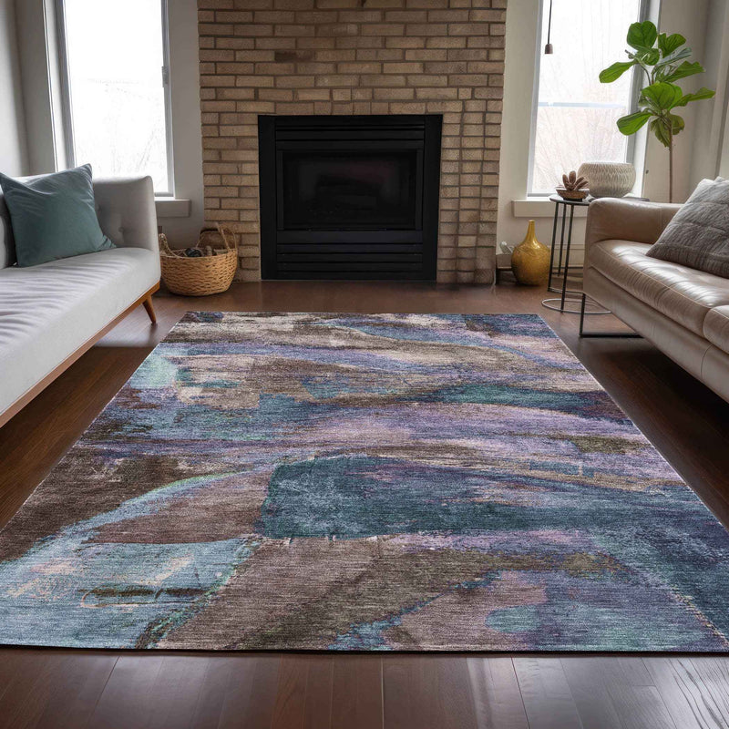 8' X 10' Brown Purple And Teal Blue Abstract Washable Indoor Outdoor Area Rug