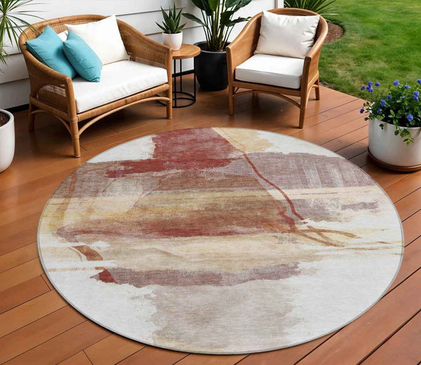8' Terra Cotta And Ivory Round Abstract Washable Indoor Outdoor Area Rug